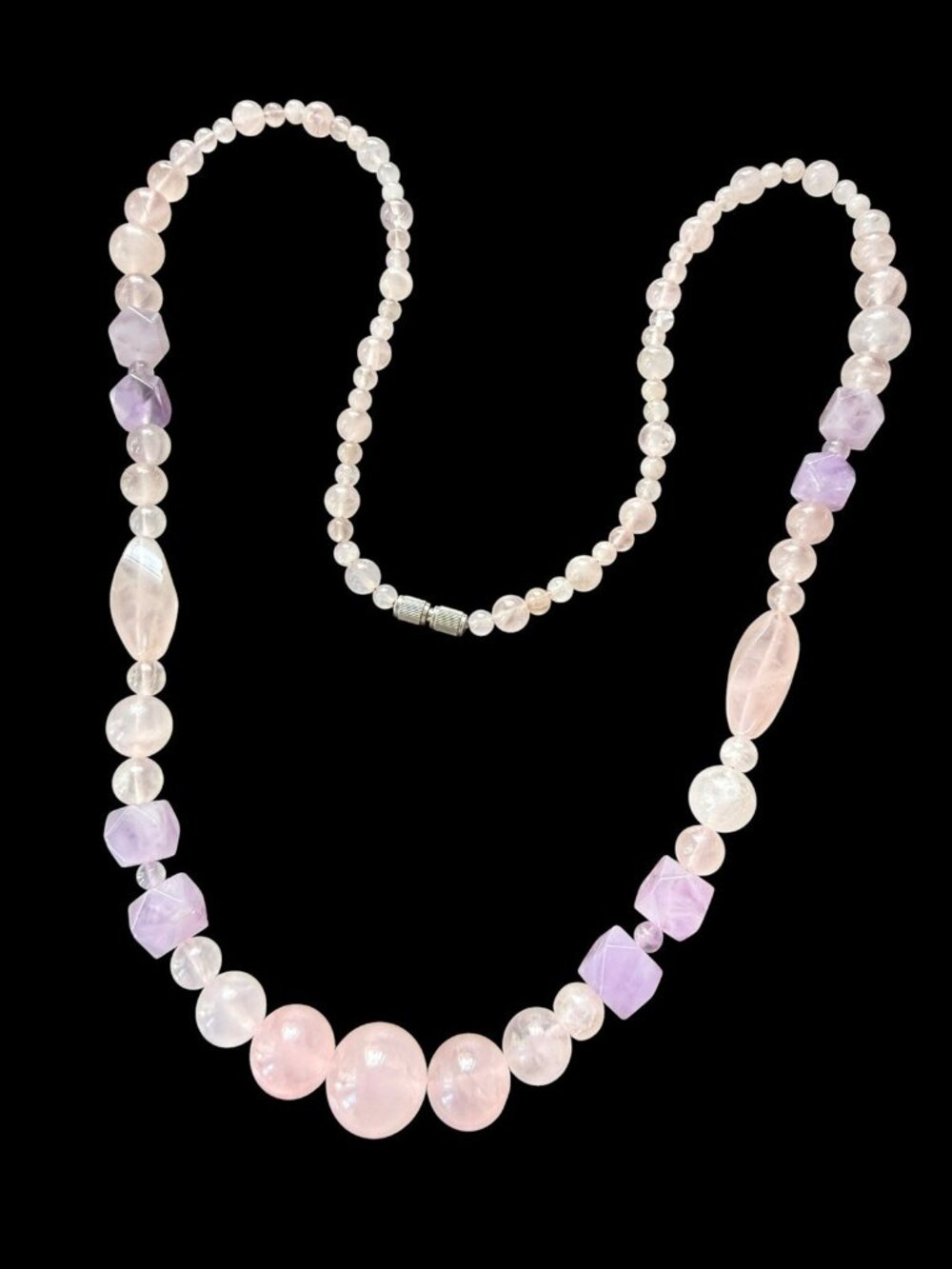 Vintage Geometric Rose Quartz Amethyst Beaded Necklace Silver Tone Barrel Clasp